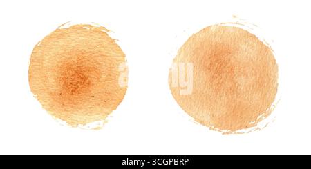 Deux coups de pinceau rond oranges peints à l'aquarelle à la main comme le soleil, la planète ou la soupe sur fond isolé. Jeu de bulles de discours abstrait, zone de texte Banque D'Images