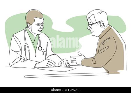 Illustrations de dessin d'art de ligne continue unique de médecin consultant avec le patient en cabinet. Contour modifiable . Vecteur . Illustration de Vecteur