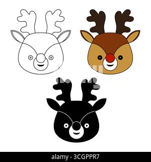 Ensemble d'illustration vectorielle de visage de renne mignon. Parfait pour les décorations de Noël, les cartes de vœux de vacances. Illustration de Vecteur