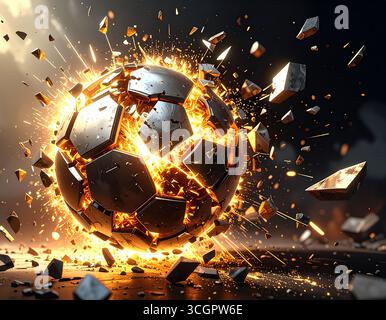 Sphère métallique futuriste engloutie dans les flammes dans l'explosion cosmique. Boule métallique brillante entourée de feu dans l'espace extra-atmosphérique de science-fiction Banque D'Images