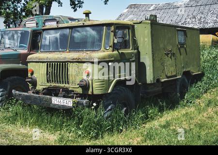 Camion militaire abandonné dans un champ envahi par la végétation Banque D'Images