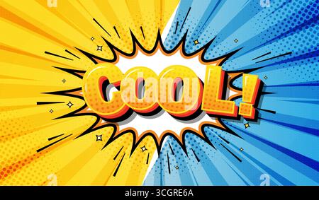 Fond de bande dessinée rétro avec des rayons bleus et jaunes, une bulle de discours et le texte 'cool'. Illustration de Vecteur