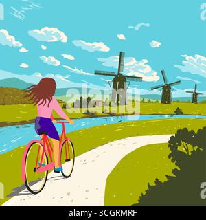 Affiche WPA des moulins à vent de Kinderdijk dans le polder d'Alblasserwaard dans les municipalités de Molenlanden et Alblasserdam en Hollande du Sud, Nether Illustration de Vecteur