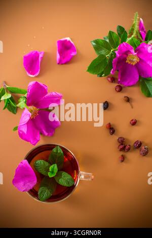 Tisane de rose musquée et thé à la menthe dans la tasse et la théière d'en haut sur fond brun. Banque D'Images