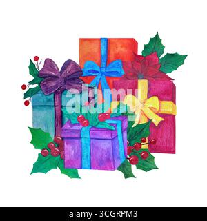 Composition de Noël avec coffrets cadeaux, baies rouges, poinsettia, houx. Aquarelle illustration dessinée à la main Banque D'Images