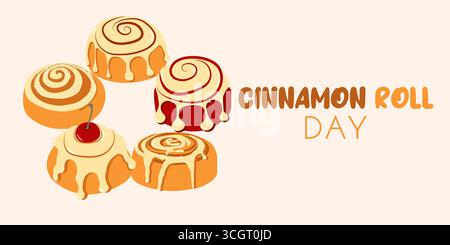 Bannière d'automne pour la journée nationale de rouleau à la cannelle avec des petits pains dans un style plat. Illustration vectorielle dessinée à la main parfaite pour les bannières d'automne et les médias sociaux Illustration de Vecteur