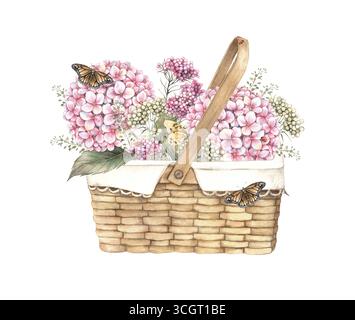 Panier en osier avec serviette blanche, fleurs d'hortensia, herbes vertes, ozothamnus et différents papillons. Illustration aquarelle appropriée pour saluer Banque D'Images