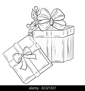 Coffrets cadeaux graphiques avec rubans. Image vectorielle d'illustration noir et blanc d'encre graphique au trait. Cadeaux isolés Illustration de Vecteur