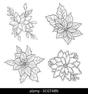 Set, clip art de poinsettia botanique monochrome de Noël avec des feuilles. Vecteur noir et blanc d'encre graphique au trait Illustration de Vecteur
