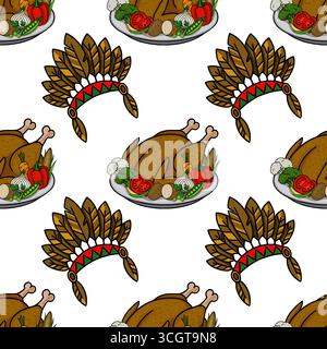 Motif vectoriel sans couture avec un dîner de dinde rôtie avec des légumes de Thanksgiving et coiffe amérindienne, créant un de festif et unique Illustration de Vecteur