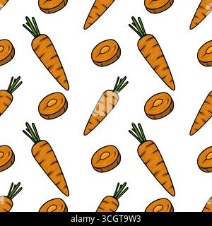 Motif vectoriel sans couture avec des illustrations dessinées à la main de carottes orange vibrantes et leurs coupes transversales, créant un desi joyeux et appétissant Illustration de Vecteur