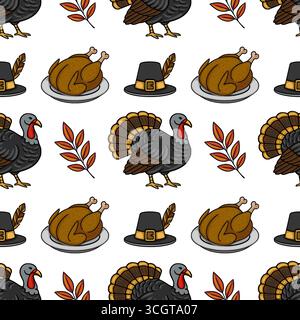 Motif vectoriel sans couture avec des éléments de Thanksgiving : dinde rôtie, chapeau de pèlerin, feuilles d'automne, créant un design festif et joyeux parfait fo Illustration de Vecteur