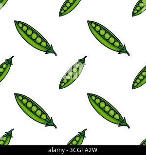 Motif vectoriel sans couture de gousses de pois verts dessinées à la main avec des détails vibrants, parfait pour les emballages de nourriture fraîche ou les conceptions sur le thème du printemps. Illustration de Vecteur