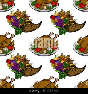 Motif vectoriel sans couture avec une dinde rôtie avec des légumes et des fruits de la récolte d'automne, parfait pour les designs sur le thème de Thanksgiving. Illustration de Vecteur