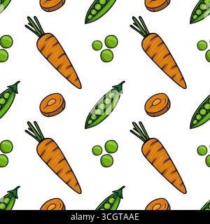 Motif vectoriel sans couture avec des illustrations dessinées à la main de carottes vibrantes, de pois en gousses et de grappes de pois, créant un desi alimentaire gai et frais Illustration de Vecteur