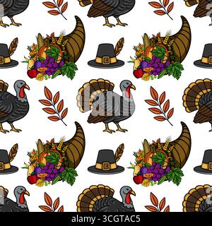 Un motif vectoriel sans couture avec un cornucopia de Thanksgiving, un chapeau de pèlerin, des feuilles d'automne et une illustration détaillée de dinde, parfait pour les fêtes Illustration de Vecteur