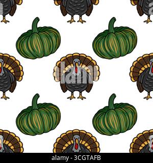 Motif vectoriel sans couture avec de charmantes dindes de Thanksgiving et des citrouilles vertes, créant un design automnal festif et rustique. Illustration de Vecteur