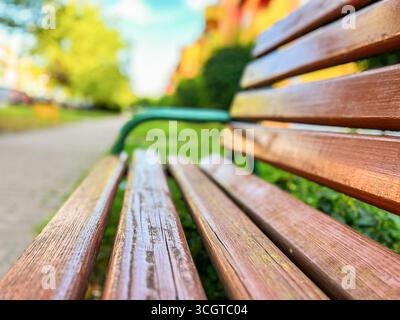 Gros plan d'un banc en bois dans un parc avec un fond flou de verdure, de chemin et d'une journée ensoleillée Banque D'Images