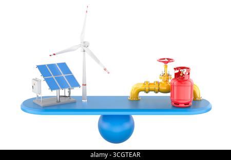 Équilibre entre énergies renouvelables et fossiles, concept. Balançoire avec panneaux solaires et éolienne d'un côté et gazoduc avec bouteille de gaz de l'autre Banque D'Images