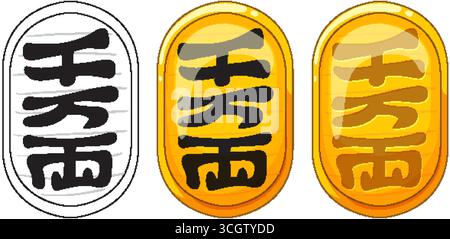 Trois pièces ovales japonaises stylisées avec des kanji, montrées dans les styles vectoriels de contour, de couleur et ombré Illustration de Vecteur