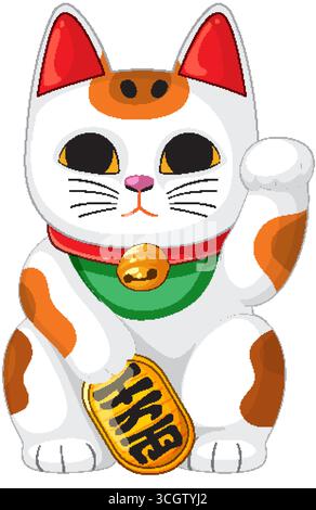Chat chanceux japonais avec patte relevée, pièce d'or et collier de cloche, style vectoriel plat Illustration de Vecteur