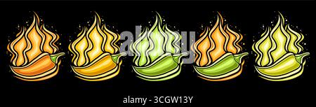 Vector Flaming Chili Pepper Set, bannière horizontale avec un groupe de 5 dessins animés de poivrons piments brûlants isolés, collection d'illustrations de contour Illustration de Vecteur
