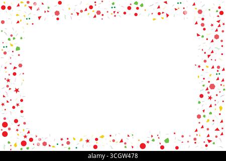 Bordure colorée festive de confettis avec des étoiles, des cercles et des formes géométriques sur fond blanc, parfait pour les cadres de célébration. Illustration de Vecteur