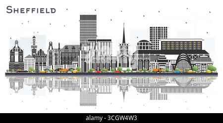 Sheffield UK City Skyline avec des bâtiments de couleur et des reflets isolés sur blanc. Illustration vectorielle. Sheffield South Yorkshire paysage urbain avec Landma Illustration de Vecteur
