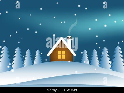 Paysage d'hiver avec maison en bois entourée de Pine Tree. Illustration vectorielle. Illustration de Vecteur