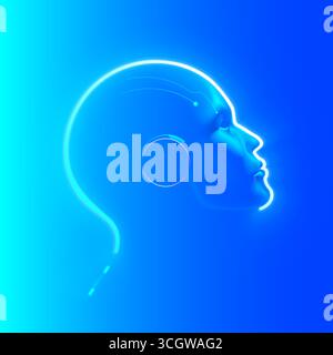 AI. AGI. Intelligence artificielle dans le visage humain ou concept de tête. Silhouette fluo brillante de la tête d'une Intelligence artificielle sage ou agi sur un bleu Illustration de Vecteur