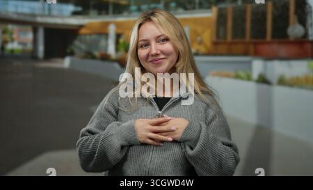 Jeune femme blonde souriant ludique dans une rue de la ville en tenue décontractée, mettant en valeur des expressions de bonheur et de connexion dans un cadre urbain extérieur Banque D'Images