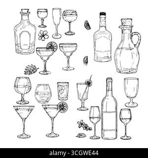 Verres pour vin, cocktail, limoncello et liqueurs, un ensemble de silhouettes, un croquis. illustration vectorielle. Des bouteilles et un verre à grenaille pour les alcools forts Illustration de Vecteur