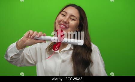 Femme hispanique sourit et tient le rouleau de diplôme tout en pompant le poing dans le studio vert vif ; joie de réalisation. Banque D'Images