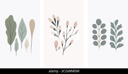 Ensemble vectoriel d'affiches avec botanique minimaliste scandinave, feuilles et branches géométriques simples, style propre dessiné à la main, palette pastel terreuse. Illustration de Vecteur