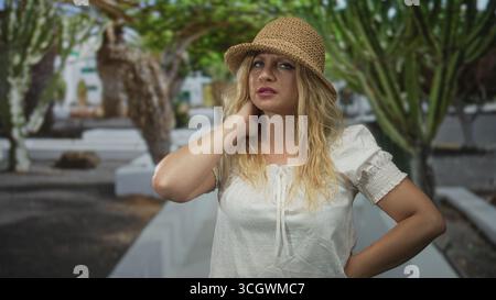 Femme touchant le cou tout en portant chapeau de paille et chemisier blanc dans le cadre de la forêt parmi les arbres verts et les allées ; pensivité. Banque D'Images