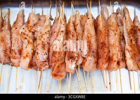 Filet de poulet cru sur des brochettes en bois, cuit pour le gril et saupoudré d'épices, repose sur un plateau. Banque D'Images