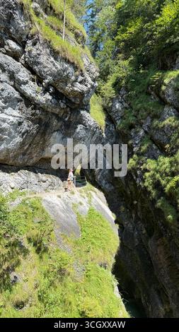 Randonneur aventureux explorant un pittoresque chemin de canyon rocheux entouré d'une végétation luxuriante. Les falaises imposantes et le paysage naturel vibrant créent un se Banque D'Images