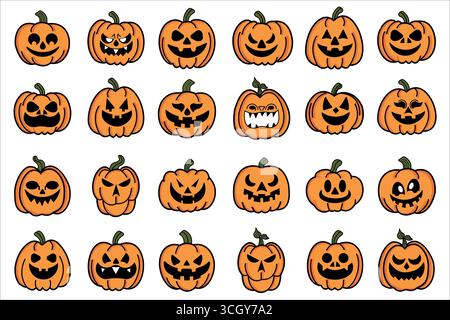 Jack O Lantern bundle, paquet de visages de citrouille, créez votre propre paquet de lanterne jack o, paquet de visages de citrouille d'Halloween, monstre Illustration de Vecteur