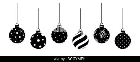 Ensemble vectoriel noir et blanc de boules de Noël avec différents motifs décoratifs, y compris les étoiles, les pois, les rayures, les flocons de neige et l'orname festif Illustration de Vecteur