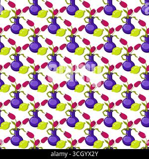 Vase bleu avec trois tulipes rouges et citron mûr. Motif sans couture. Illustration vectorielle. Illustration de Vecteur