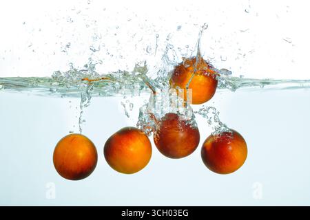 Les tomates éclaboussent dans l'eau claire, créant des vagues et des gouttelettes dynamiques, mettant en valeur la fraîcheur et la vitalité dans un cadre aquatique. Banque D'Images