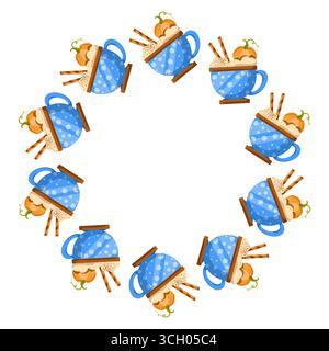 Bordure ronde avec tasses à café, desserts. Idéal pour la conception de menu, l'image de marque de café, l'art mural, les invitations ou l'affiche avec l'art chaleureux mignon Illustration de Vecteur