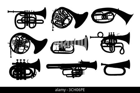 Définir des silhouettes d'instruments de musique à vent. Illustration de Vecteur