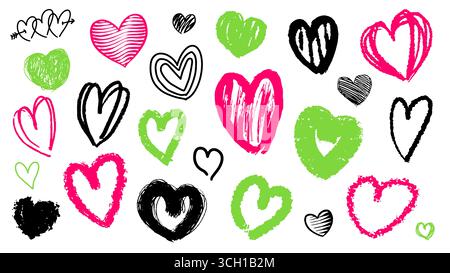 Ensemble de coeurs dessinés à la main de doodle. Différentes brosses et stylos à encre utilisés. style grunge et sketchy pour la saint-valentin et concepts d'amour, mariage et un Illustration de Vecteur