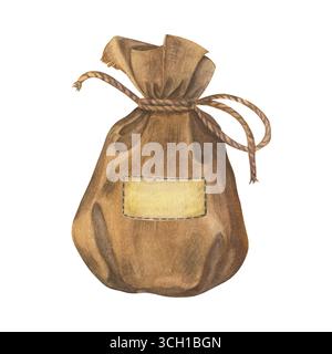 Sac en tissu vide dans les tons beige naturel. Illustration aquarelle isolée. Peinture à la main. Convient pour les emballages écologiques, brandin de produit biologique Banque D'Images