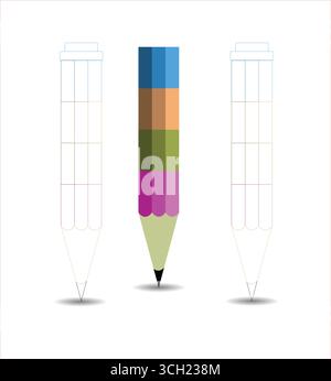 Illustration vectorielle de trois crayons, une infographie sectionnée colorée et deux dessins de contour, concept pour l'éducation, la créativité, les étapes commerciales, Illustration de Vecteur