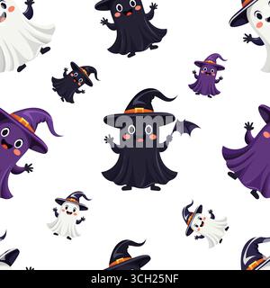Modèle sans couture de fantôme mignon en noir, violet, manteau blanc et chapeau de sorcière avec sourire, grands yeux. Illustration vectorielle pour Halloween. Caractère enfant sur fond blanc, Illustration de Vecteur