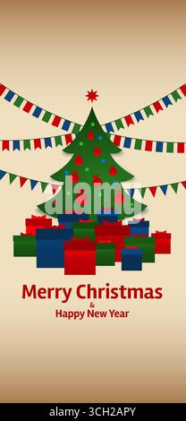 Joyeux noël et bonne année carte de voeux, papier peint. Arbre de Noël, boîte cadeau. Design créatif pour carte postale, invitation, carte de voeux, bannière Illustration de Vecteur
