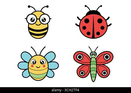 Insectes de dessin animé mignons : abeille, coccinelle, papillon et fleurs d'abeille illustrations ; enfantine, Happy style. Illustration de Vecteur