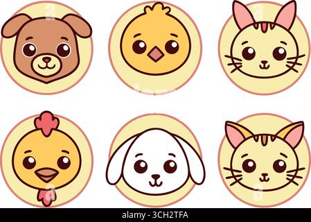 Icônes adorables d'animaux de dessin animé : têtes de chien, chat, poussin et lapin ; palette de couleurs pastel; ambiance mignonne et amicale. Illustration de Vecteur